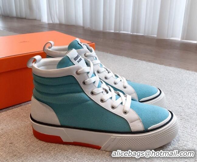 Luxury Hermes Gad High Top Sneakers in Printed Denim and Calfskin Light Blue/Whit 0620122