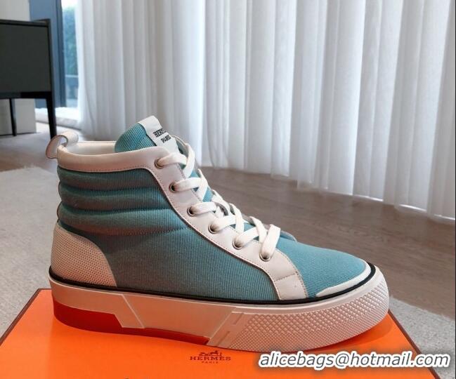 Luxury Hermes Gad High Top Sneakers in Printed Denim and Calfskin Light Blue/Whit 0620122