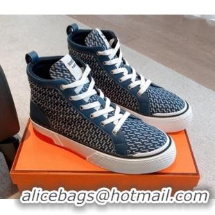 Durable Hermes Gad High Top Sneakers in Printed Denim and Calfskin Navy Blue 0620123