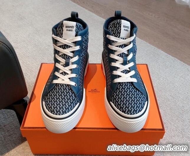 Durable Hermes Gad High Top Sneakers in Printed Denim and Calfskin Navy Blue 0620123