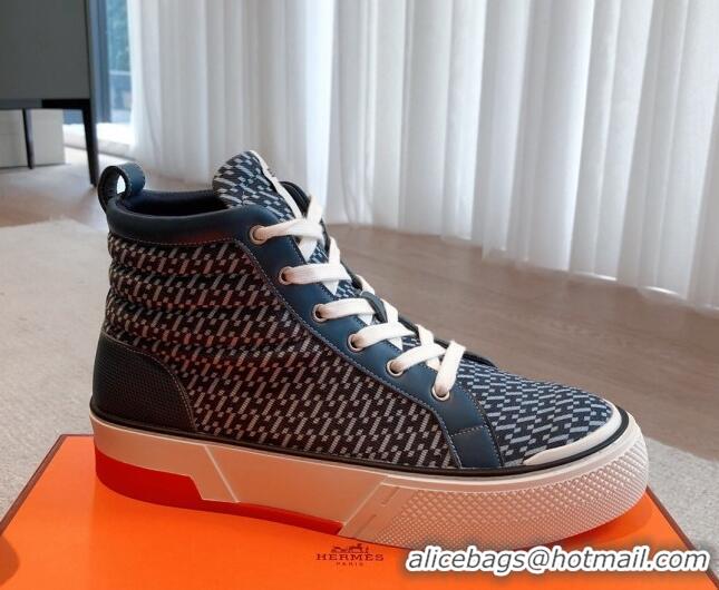 Durable Hermes Gad High Top Sneakers in Printed Denim and Calfskin Navy Blue 0620123