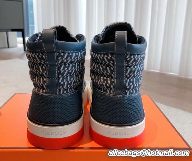 Durable Hermes Gad High Top Sneakers in Printed Denim and Calfskin Navy Blue 0620123