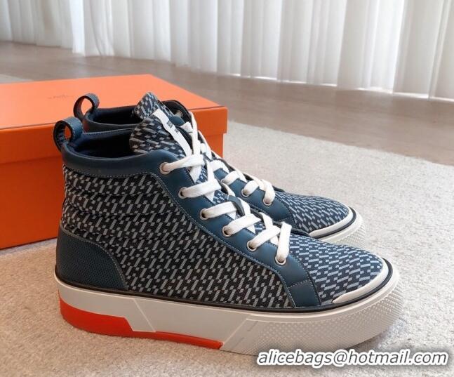 Durable Hermes Gad High Top Sneakers in Printed Denim and Calfskin Navy Blue 0620123