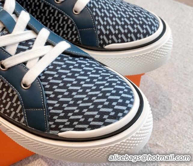 Durable Hermes Gad High Top Sneakers in Printed Denim and Calfskin Navy Blue 0620123