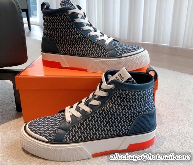 Durable Hermes Gad High Top Sneakers in Printed Denim and Calfskin Navy Blue 0620123