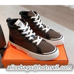 Best Price Hermes Gad High Top Sneakers in Printed Denim and Calfskin Brown/Black 0620124