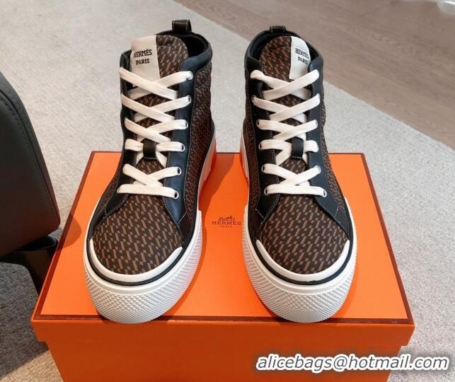 Best Price Hermes Gad High Top Sneakers in Printed Denim and Calfskin Brown/Black 0620124