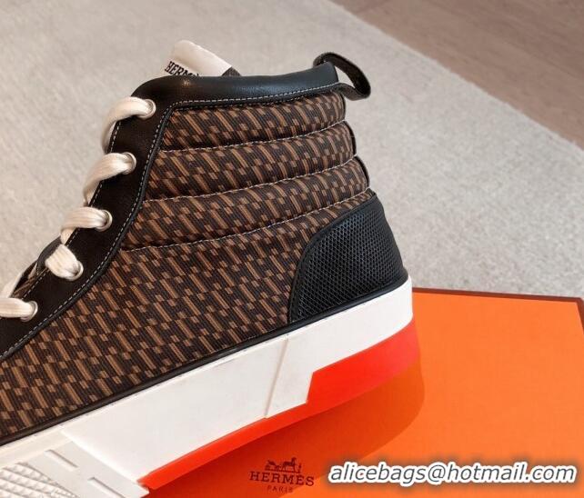 Best Price Hermes Gad High Top Sneakers in Printed Denim and Calfskin Brown/Black 0620124