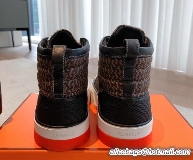 Best Price Hermes Gad High Top Sneakers in Printed Denim and Calfskin Brown/Black 0620124