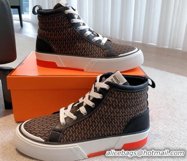 Best Price Hermes Gad High Top Sneakers in Printed Denim and Calfskin Brown/Black 0620124