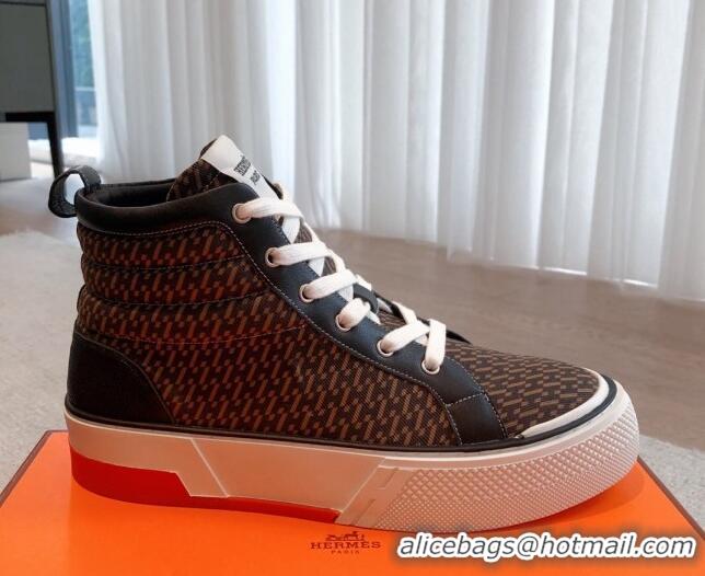 Best Price Hermes Gad High Top Sneakers in Printed Denim and Calfskin Brown/Black 0620124