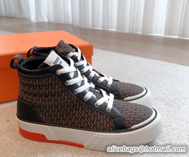 Best Price Hermes Gad High Top Sneakers in Printed Denim and Calfskin Brown/Black 0620124