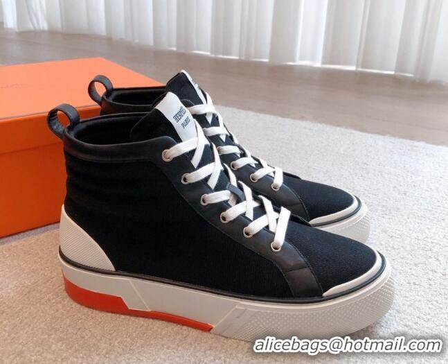 Luxurious Hermes Gad High Top Sneakers in Denim and Calfskin Black 0620126