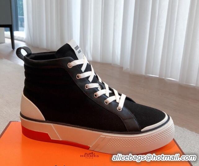 Luxurious Hermes Gad High Top Sneakers in Denim and Calfskin Black 0620126