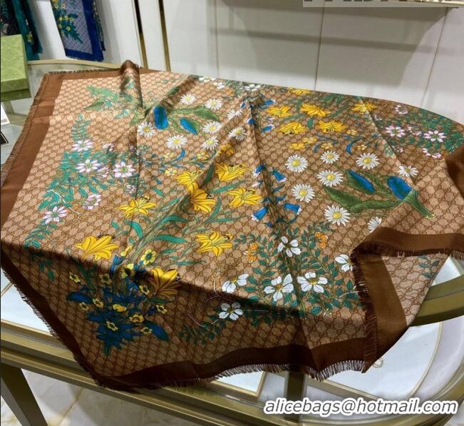 Top Grade Gucci GG Flora Silk Square Scarf 90x90cm 0309 Brown 2023