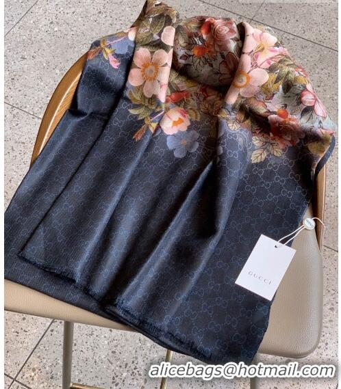 Top Quality Gucci Cashmere Flora Print GG Scarf 110x200cm 0408 Black 2023