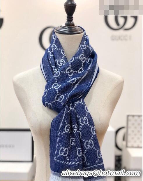 Grade Discount Gucci GG Wool Long Scarf 48x180cm 0803 Denim Blue 2023