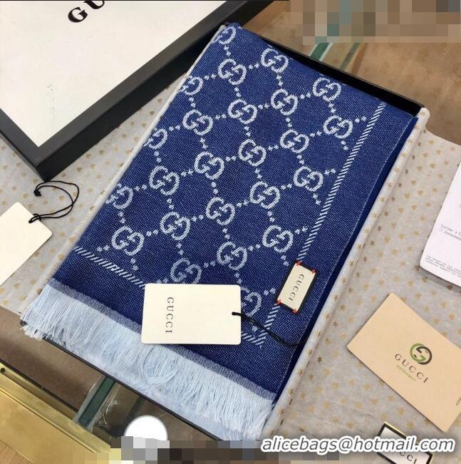 Grade Discount Gucci GG Wool Long Scarf 48x180cm 0803 Denim Blue 2023