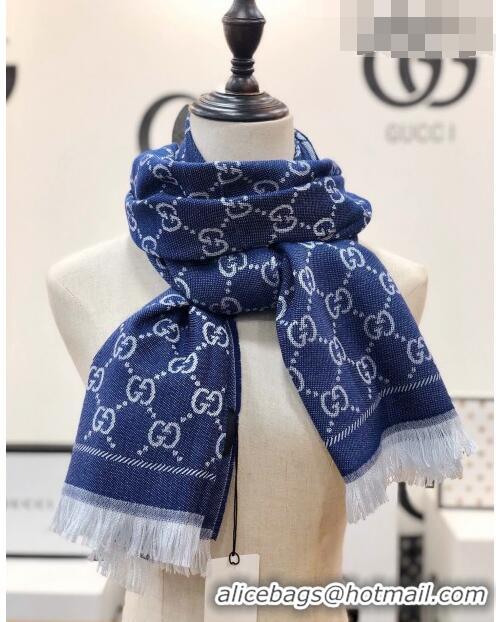 Grade Discount Gucci GG Wool Long Scarf 48x180cm 0803 Denim Blue 2023