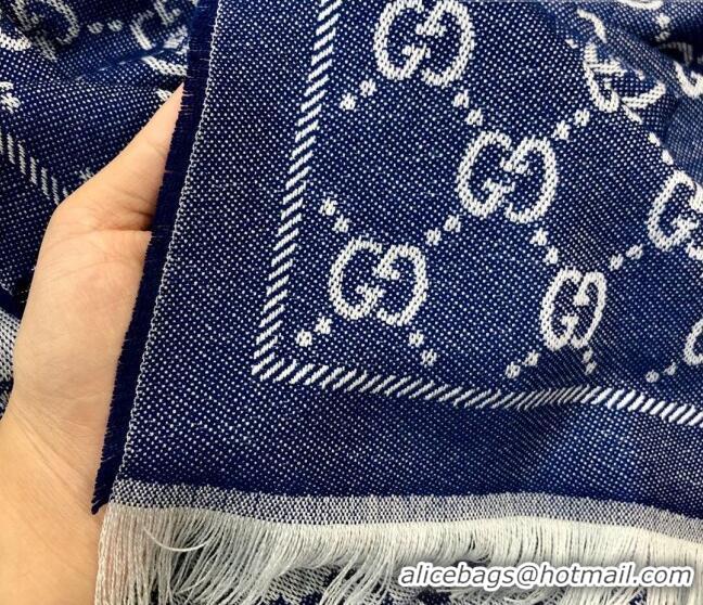 Grade Discount Gucci GG Wool Long Scarf 48x180cm 0803 Denim Blue 2023