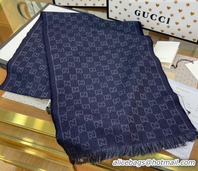 Super Quality Gucci Men's GG Wool Long Scarf 70x200cm 0803 Dark Blue 2023