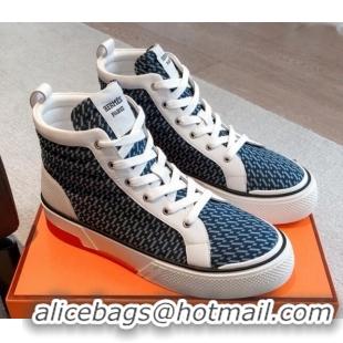 Pretty Style Hermes Gad High Top Sneakers in Printed Denim and Calfskin Dark Blue 0620127