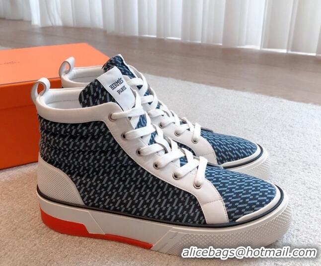 Pretty Style Hermes Gad High Top Sneakers in Printed Denim and Calfskin Dark Blue 0620127