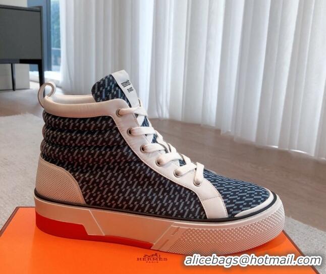 Pretty Style Hermes Gad High Top Sneakers in Printed Denim and Calfskin Dark Blue 0620127