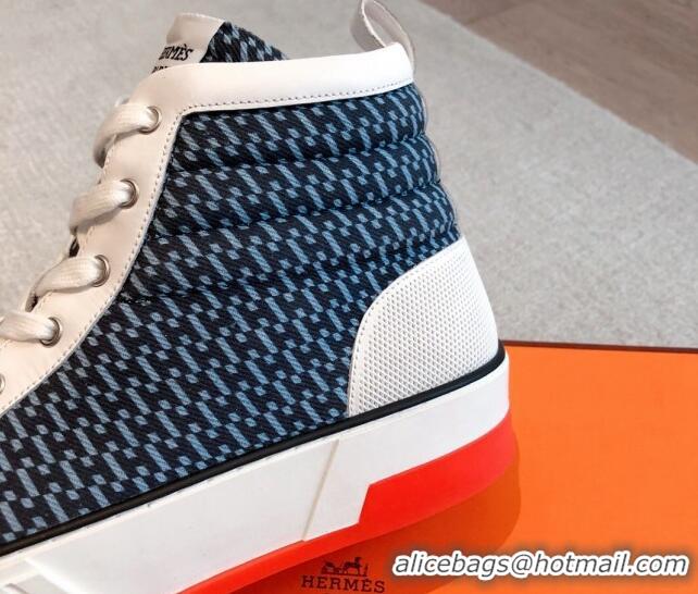 Pretty Style Hermes Gad High Top Sneakers in Printed Denim and Calfskin Dark Blue 0620127