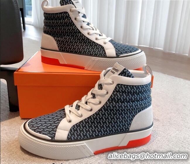 Pretty Style Hermes Gad High Top Sneakers in Printed Denim and Calfskin Dark Blue 0620127