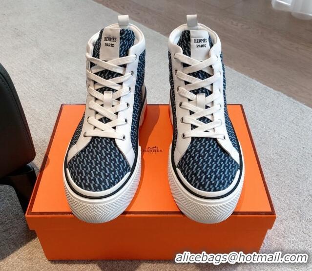 Pretty Style Hermes Gad High Top Sneakers in Printed Denim and Calfskin Dark Blue 0620127