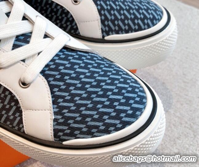 Pretty Style Hermes Gad High Top Sneakers in Printed Denim and Calfskin Dark Blue 0620127