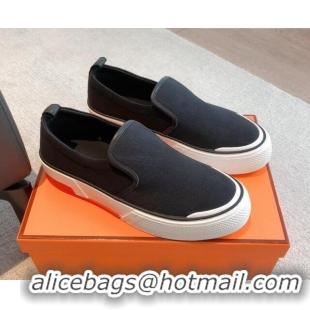 Charming Hermes Gliss Slip-on Sneakers in Denim and Calfskin Black 0620128