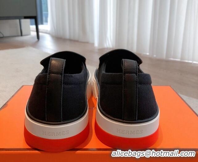 Charming Hermes Gliss Slip-on Sneakers in Denim and Calfskin Black 0620128