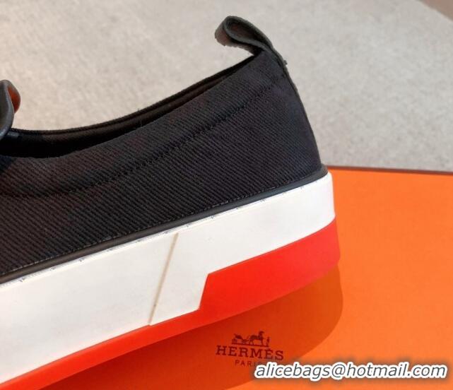 Charming Hermes Gliss Slip-on Sneakers in Denim and Calfskin Black 0620128