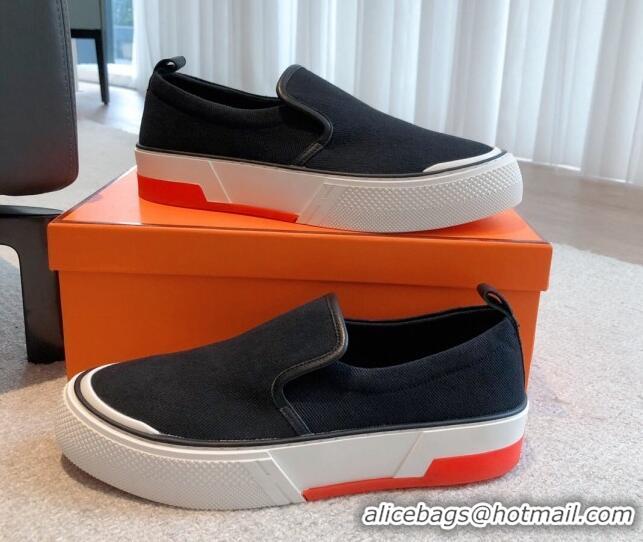 Charming Hermes Gliss Slip-on Sneakers in Denim and Calfskin Black 0620128