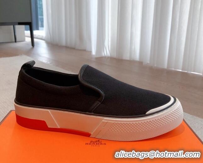 Charming Hermes Gliss Slip-on Sneakers in Denim and Calfskin Black 0620128