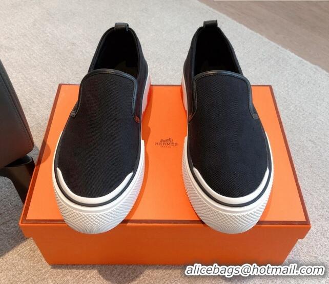 Charming Hermes Gliss Slip-on Sneakers in Denim and Calfskin Black 0620128