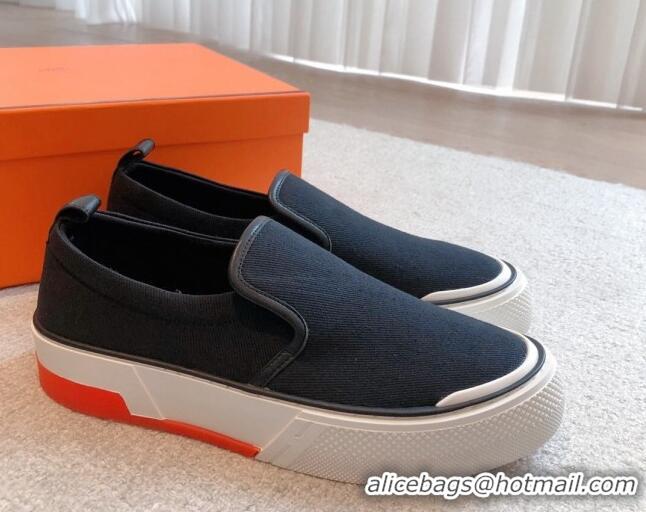 Charming Hermes Gliss Slip-on Sneakers in Denim and Calfskin Black 0620128