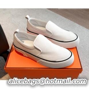 Best Product Hermes Gliss Slip-on Sneakers in Denim and Calfskin White 620129