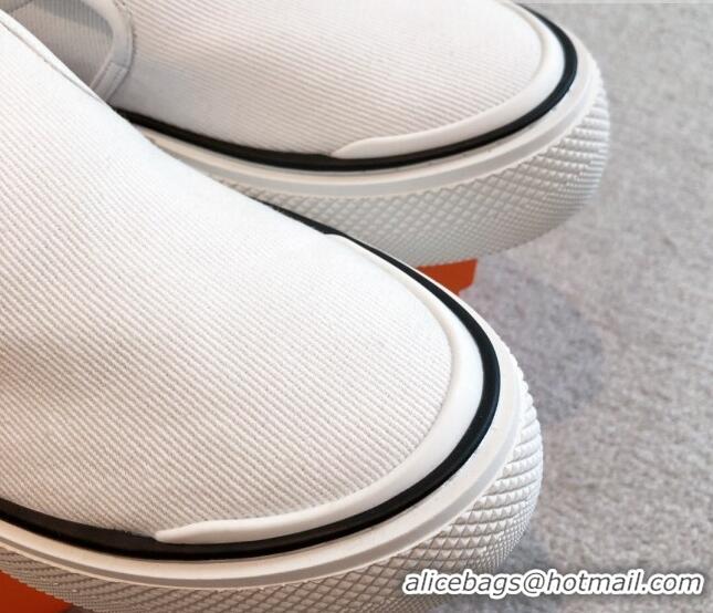 Best Product Hermes Gliss Slip-on Sneakers in Denim and Calfskin White 620129