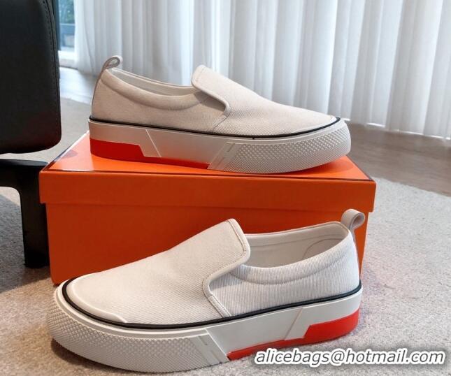 Best Product Hermes Gliss Slip-on Sneakers in Denim and Calfskin White 620129