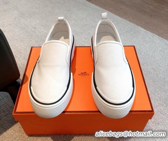 Best Product Hermes Gliss Slip-on Sneakers in Denim and Calfskin White 620129