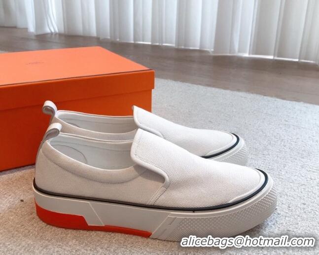 Best Product Hermes Gliss Slip-on Sneakers in Denim and Calfskin White 620129