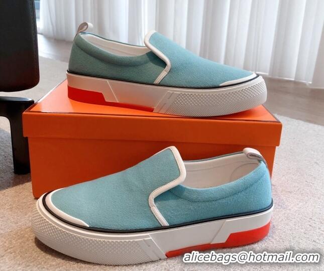 Grade Quality Hermes Gliss Slip-on Sneakers in Denim and Calfskin Light Blue 0620130