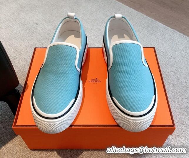 Grade Quality Hermes Gliss Slip-on Sneakers in Denim and Calfskin Light Blue 0620130