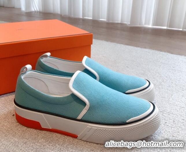 Grade Quality Hermes Gliss Slip-on Sneakers in Denim and Calfskin Light Blue 0620130