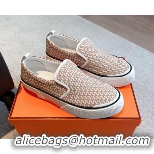 Top Grade Hermes Gliss Slip-on Sneakers in Printed Denim and Calfskin Light Brown/White 0620131