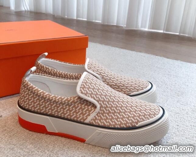 Top Grade Hermes Gliss Slip-on Sneakers in Printed Denim and Calfskin Light Brown/White 0620131