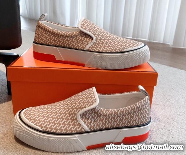 Top Grade Hermes Gliss Slip-on Sneakers in Printed Denim and Calfskin Light Brown/White 0620131